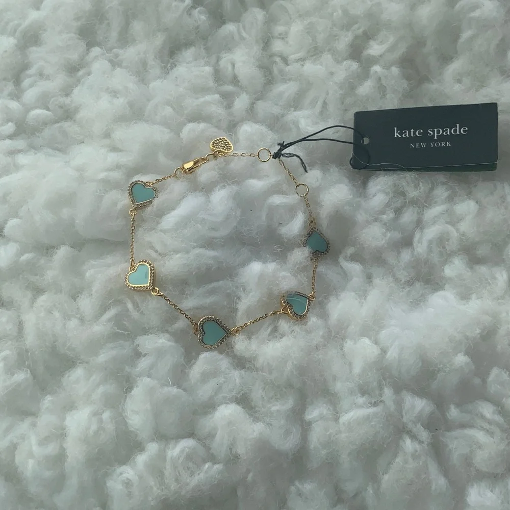kate spade Gold Bracelet with Mint Heart Charms on Chain - Picture 6 of 8